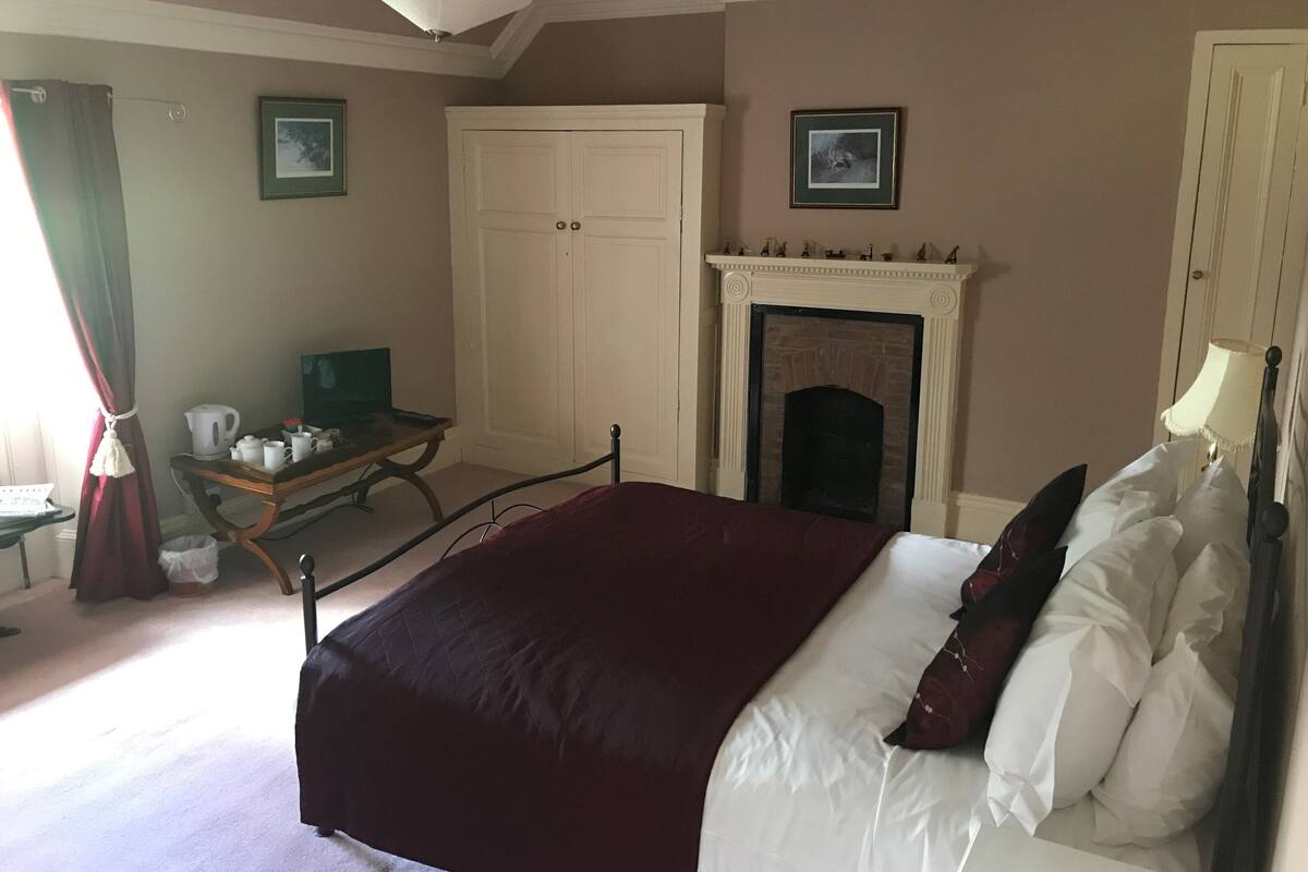 A bedroom with a bed, a fireplace, a desk with a lamp, and a door.