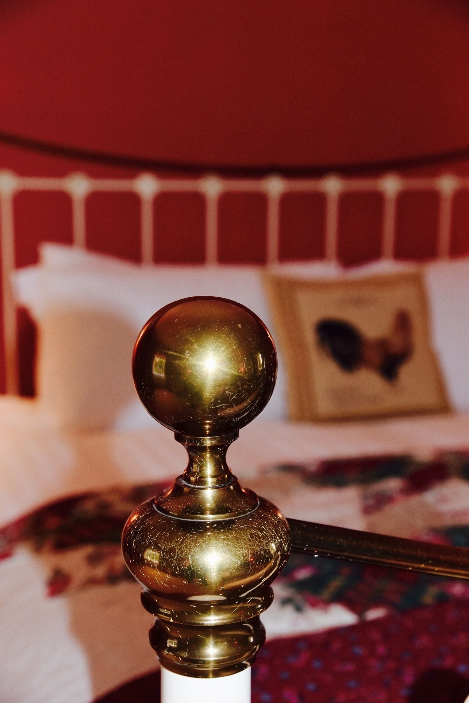 A close-up of a brass doorknob on a white door.