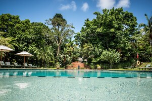 Una piscina cristalina rodeada de exuberante follaje y sillones de descanso.