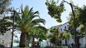 A paved square with palm trees, street lamps, and white buildings with red roofs. - Malemi Organic Hotel (Lesvos)