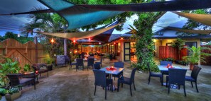 Breakfast, lunch, dinner served; Modern European cuisine, pool views