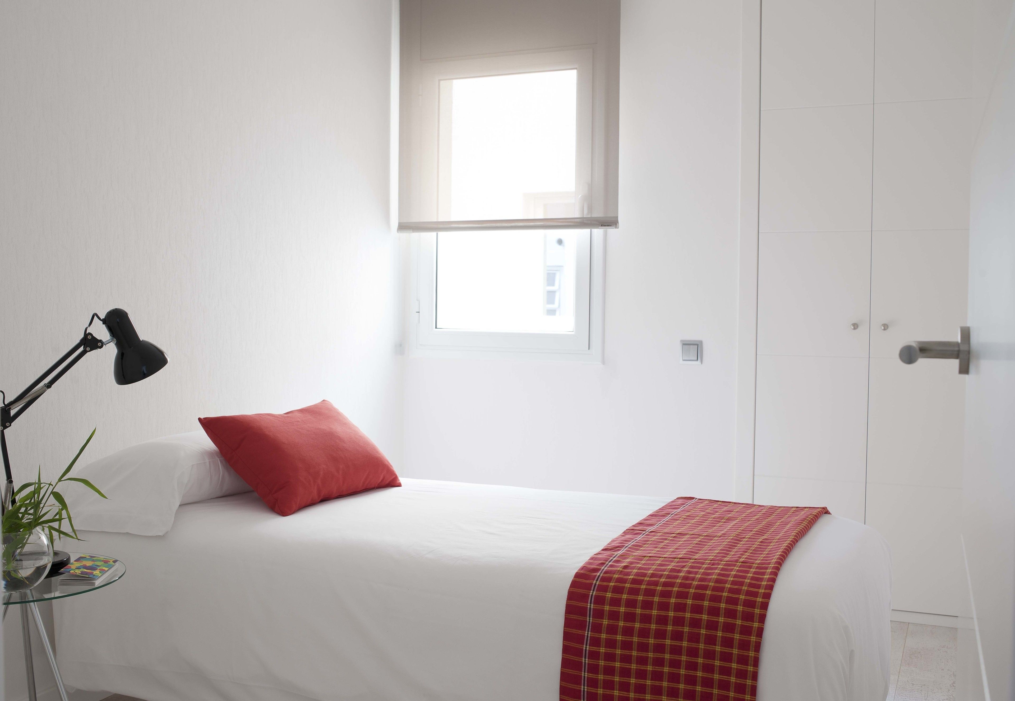 A bedroom with a bed, a window, and a bedside table with a lamp and a plant.