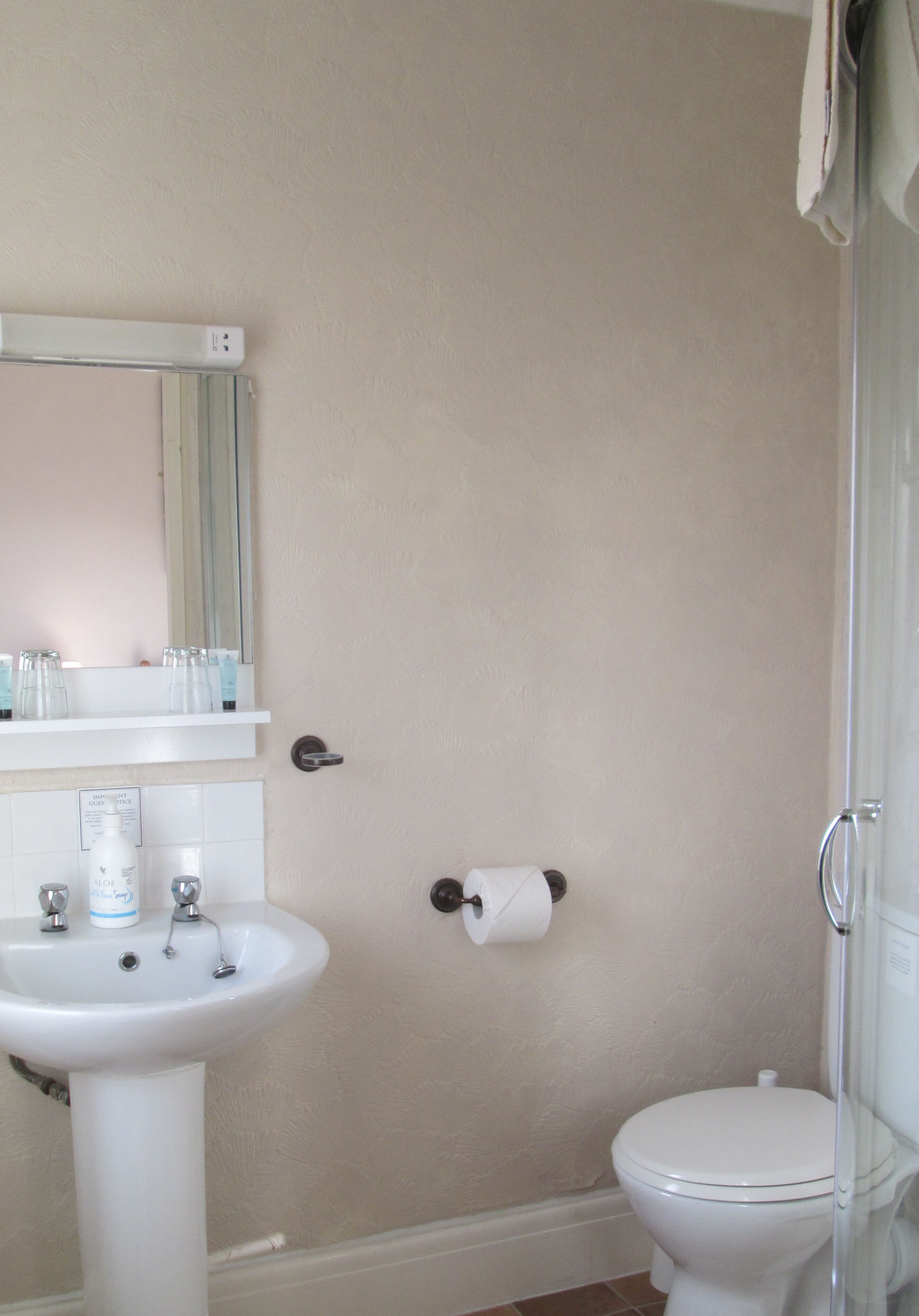 A bathroom with a sink, toilet, and a mirror.