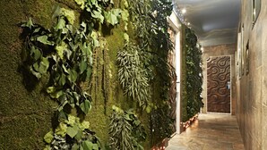 Un couloir avec un mur recouvert de mousse, une porte à motifs et un sol carrelé.
