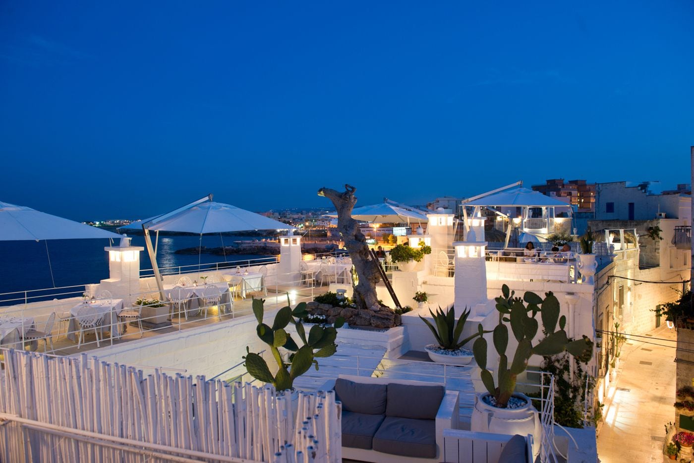 A rooftop terrace with outdoor seating, a cactus plant, and a view of the sea and buildings at dusk.