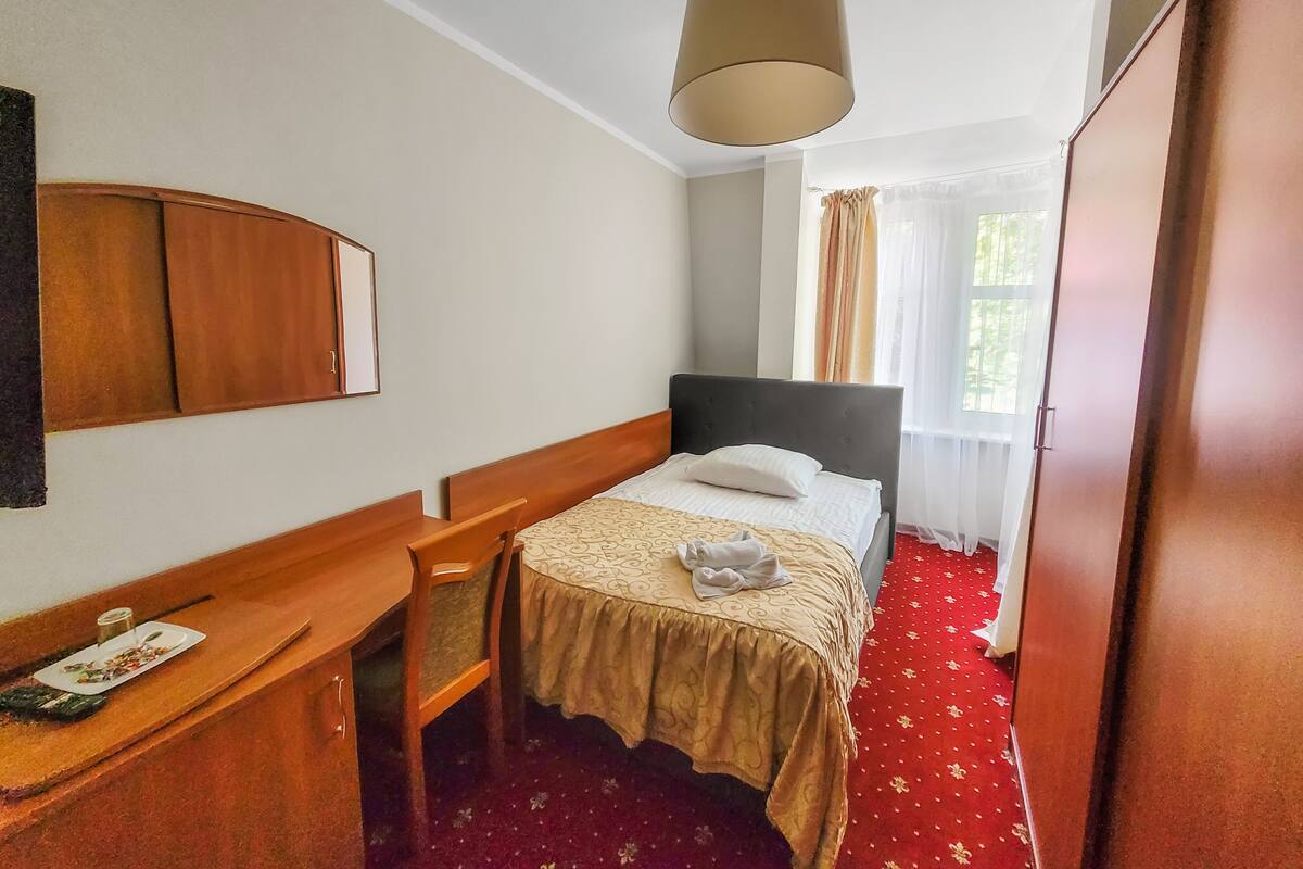 A hotel room with a bed, a desk, a chair, a wardrobe, and a window with curtains.