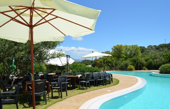 Seasonal outdoor pool, open 10 AM to 7 PM, pool umbrellas, pool loungers