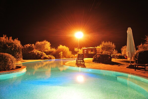 Seasonal outdoor pool, open 10 AM to 7 PM, pool umbrellas, pool loungers