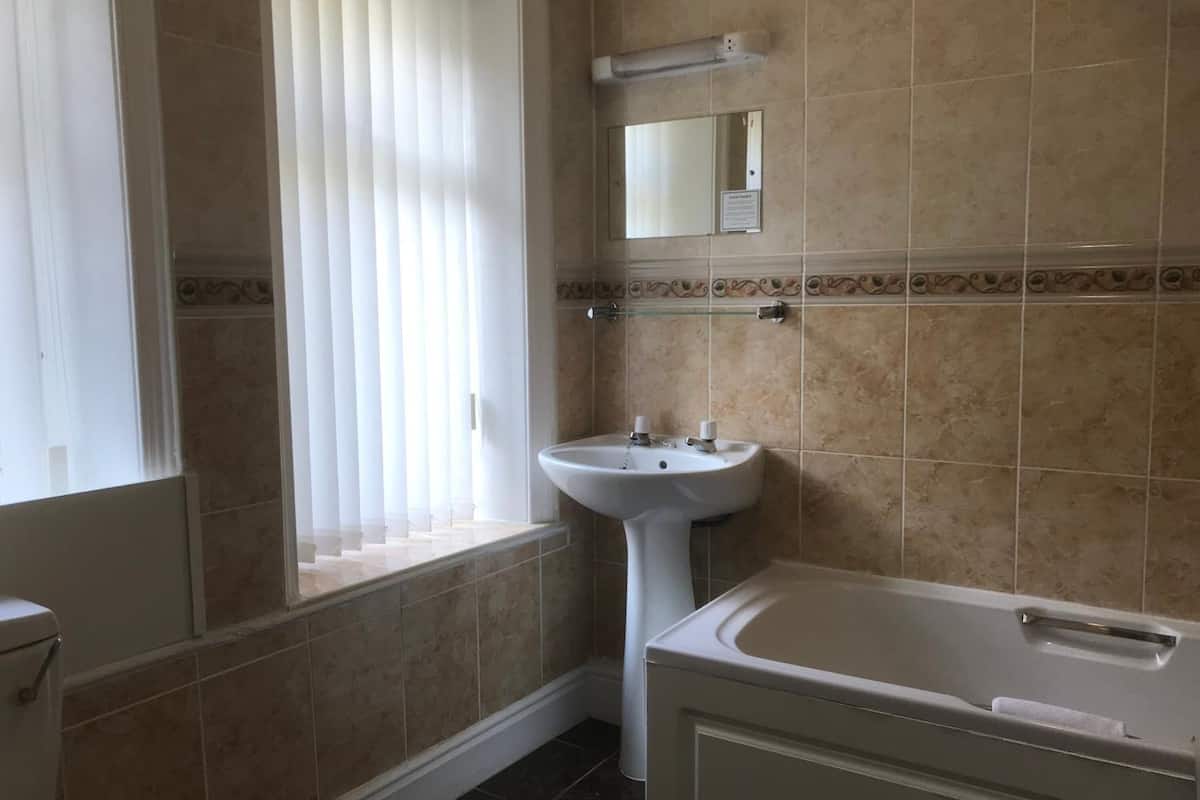 combined shower/bathtub, free toiletries, hair dryer, towels