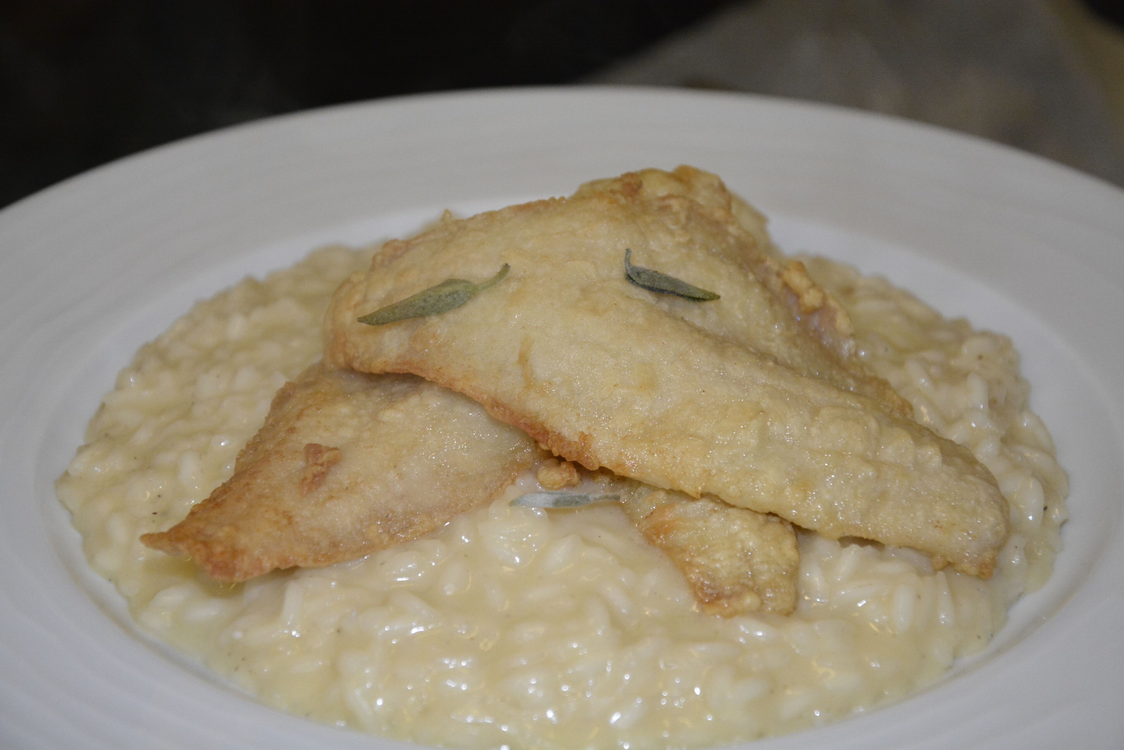 A plate of food with fish fillets and a creamy sauce.
