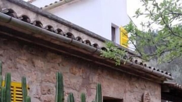 A courtyard with a stone building, cacti, and potted plants. - Hostal Residència Catalina Vera (Andraitx)
