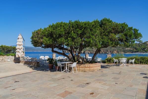 An outdoor patio with stone flooring, white tables and chairs, and a large tree providing shade.