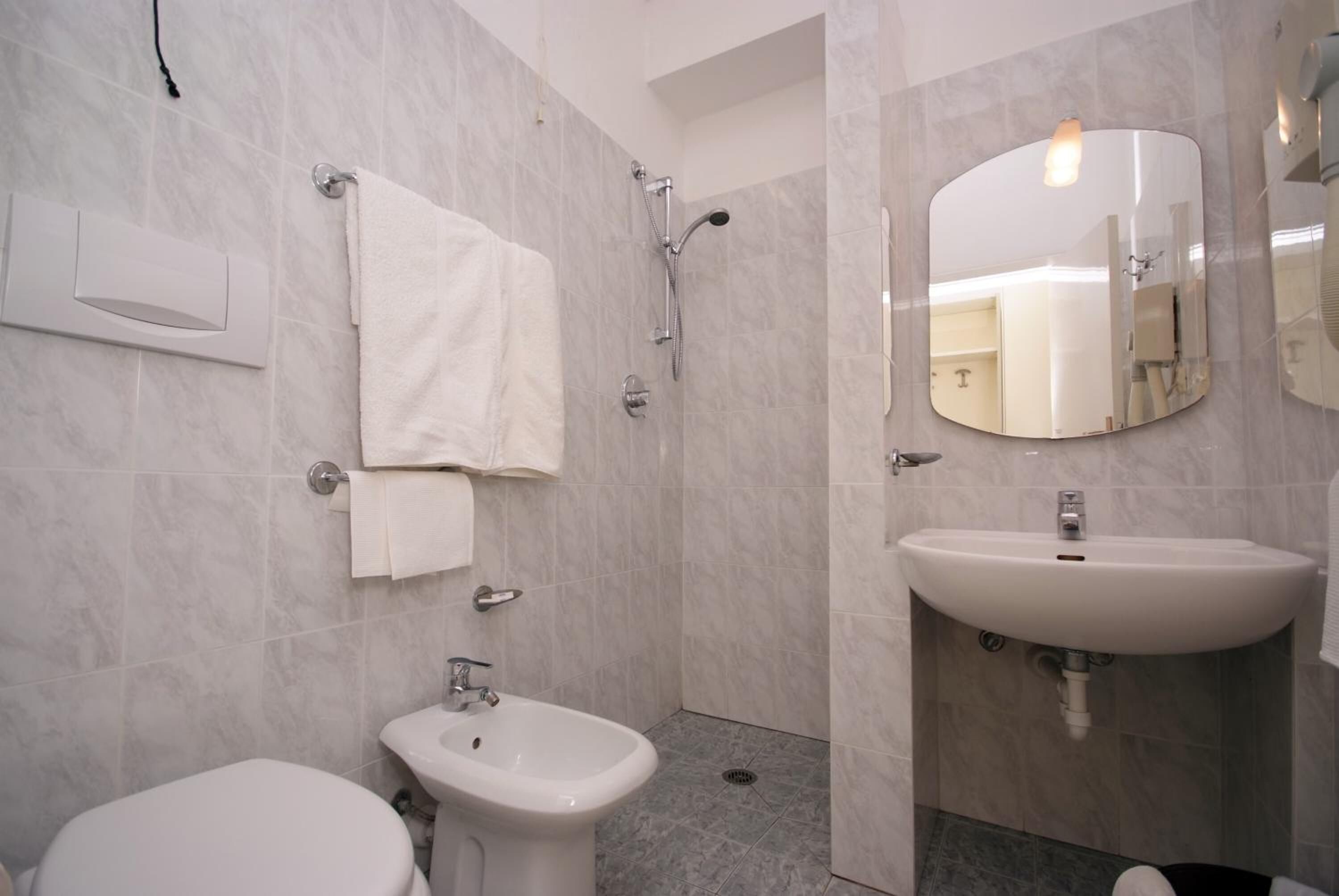 shower, hair dryer, bidet, towels