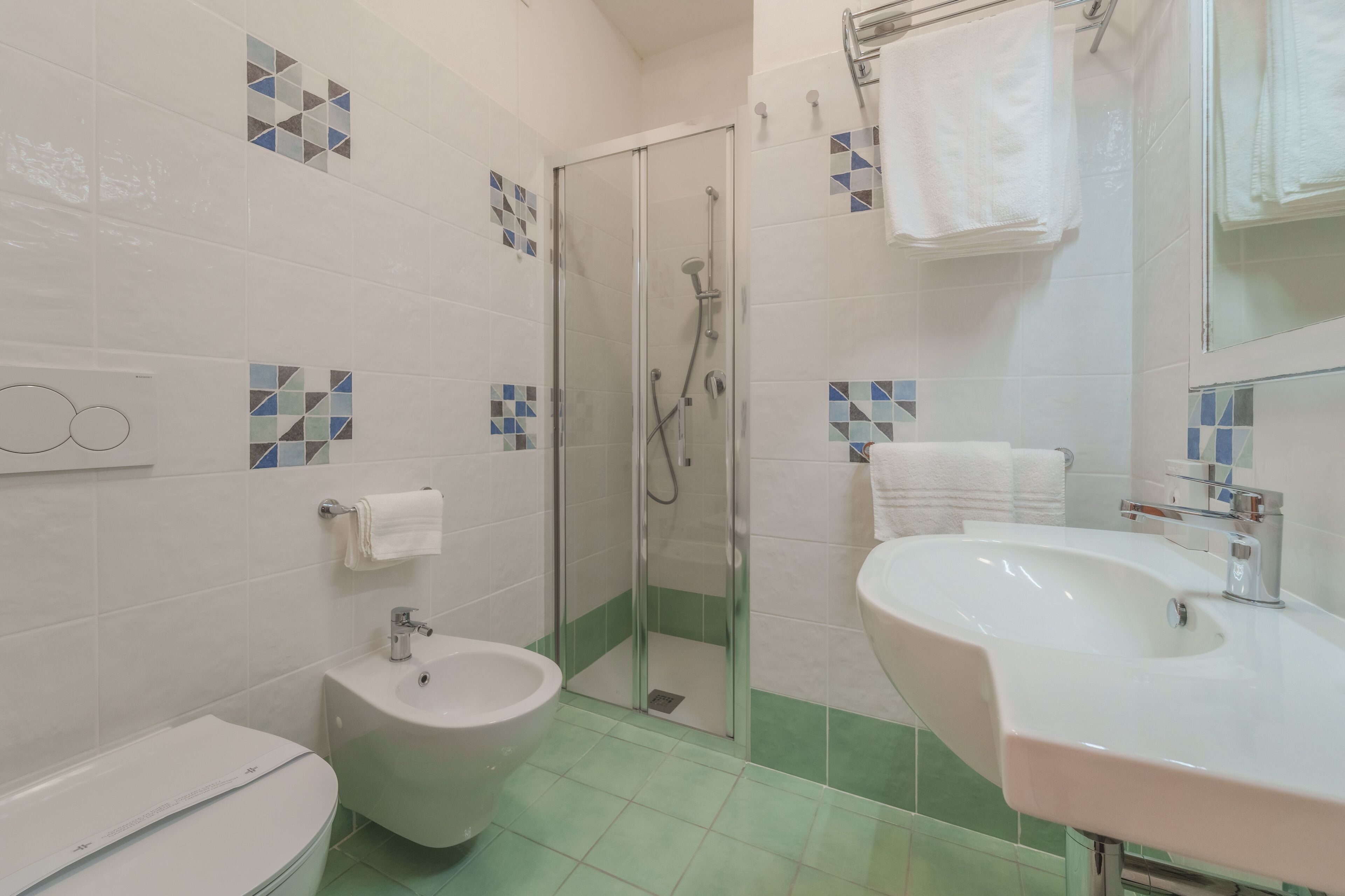 shower, hair dryer, bidet, towels