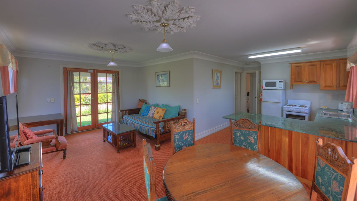 A spacious living room with a wooden dining table, a sofa, and a kitchen area with a microwave and stove.
