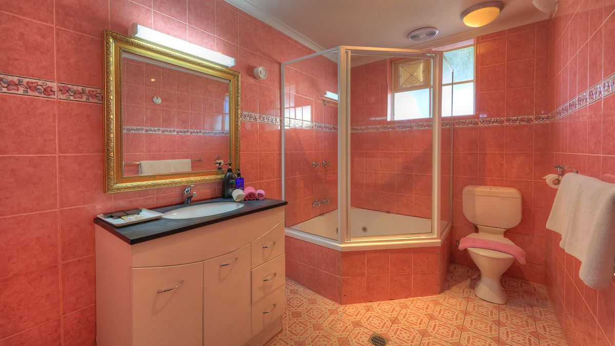 Une salle de bain avec un mur recouvert de carreaux roses, un miroir à cadre doré, un lavabo avec des articles de toilette, une douche et des toilettes.