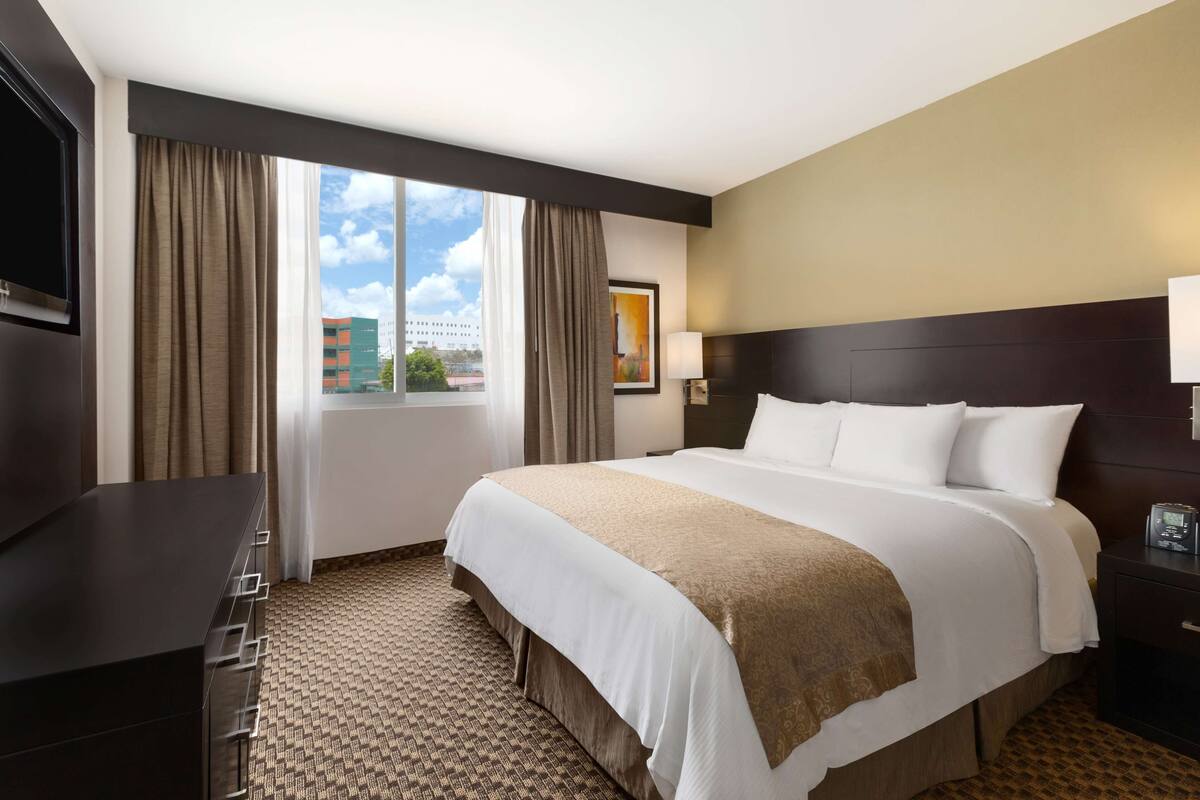 Habitación de hotel con una cama grande, televisión, escritorio y ventana con cortinas.