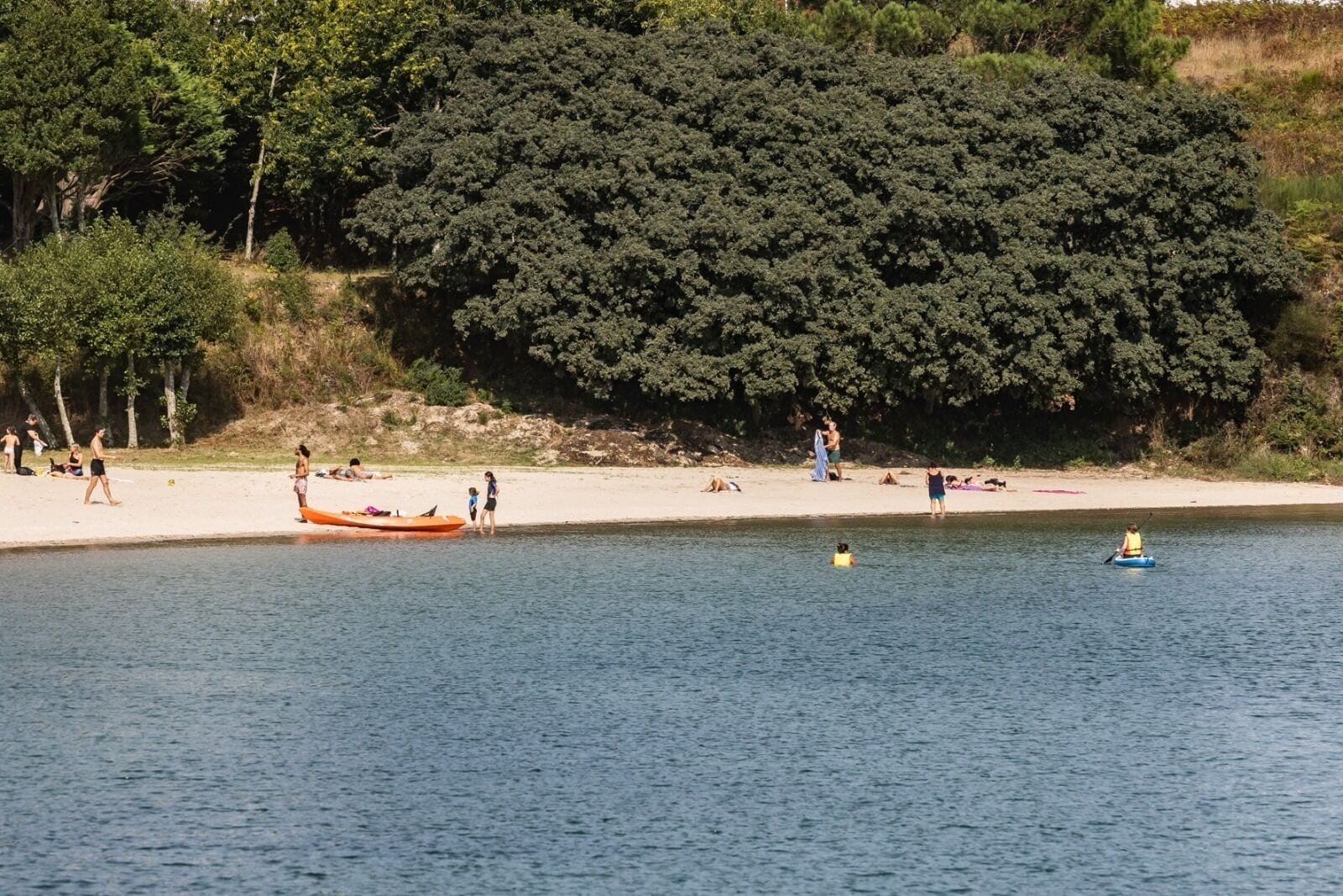 A beach with people, a boat, and a forested area in the background.