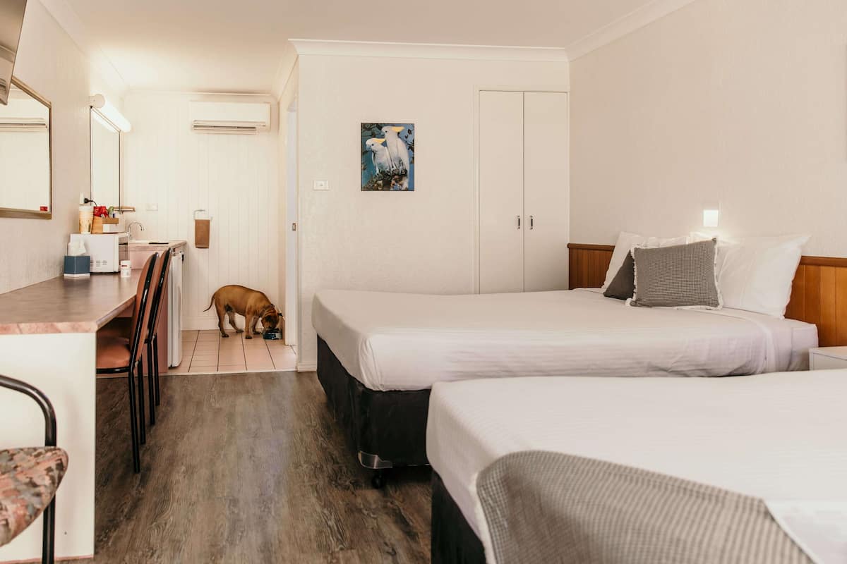 A hotel room with two beds, a desk, a chair, a dog, and a painting on the wall.