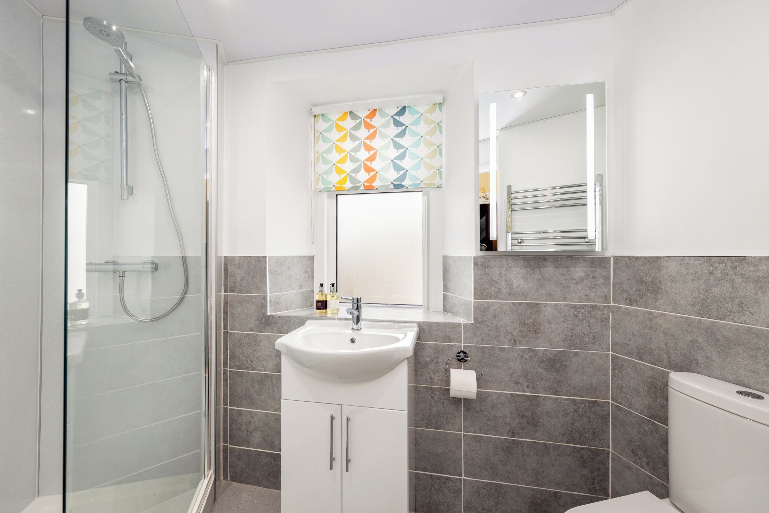 A modern bathroom with a glass shower enclosure, a white sink, and a toilet.