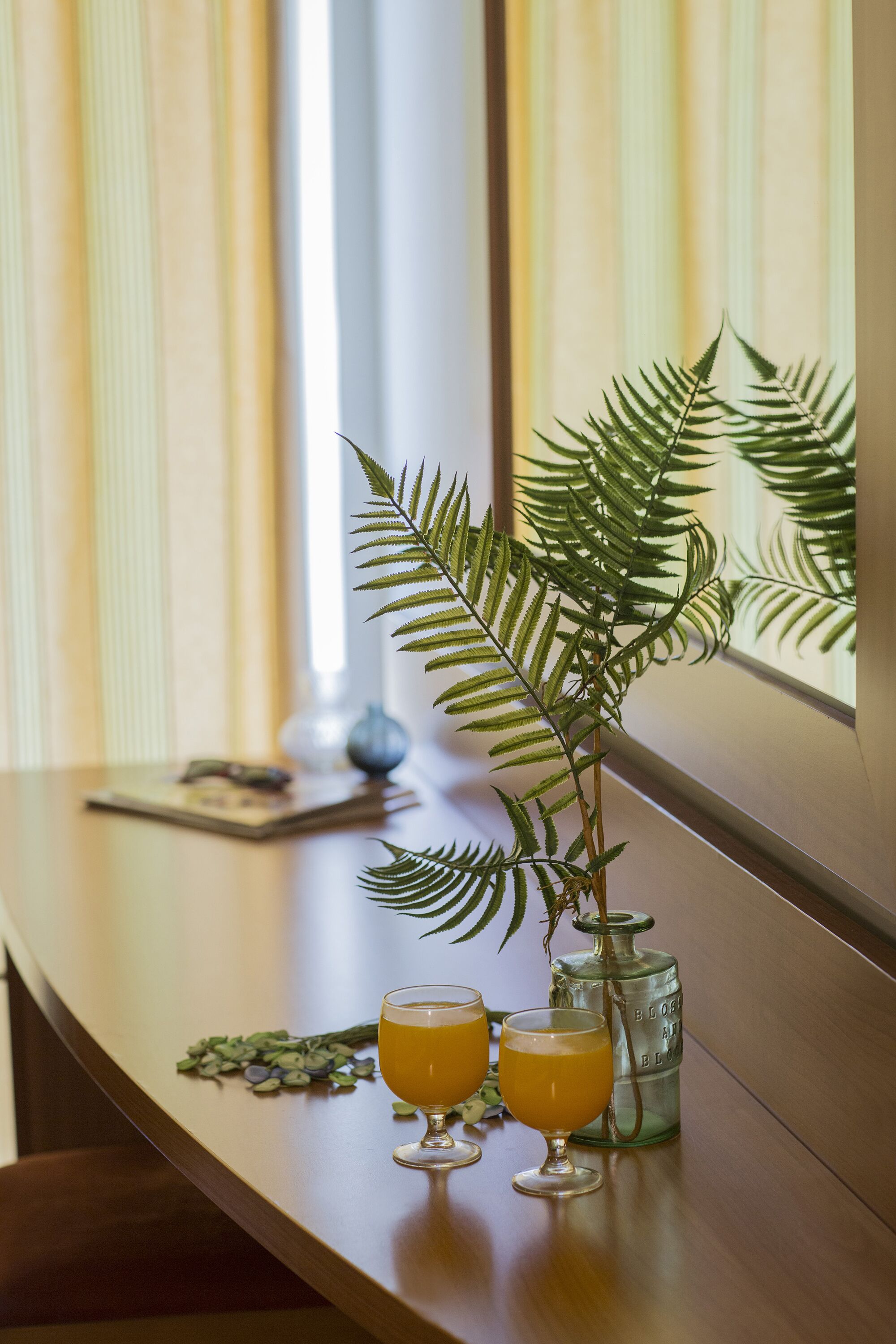 Una mesa de madera con dos vasos de jugo de naranja, un helecho en maceta y un recipiente de vidrio.