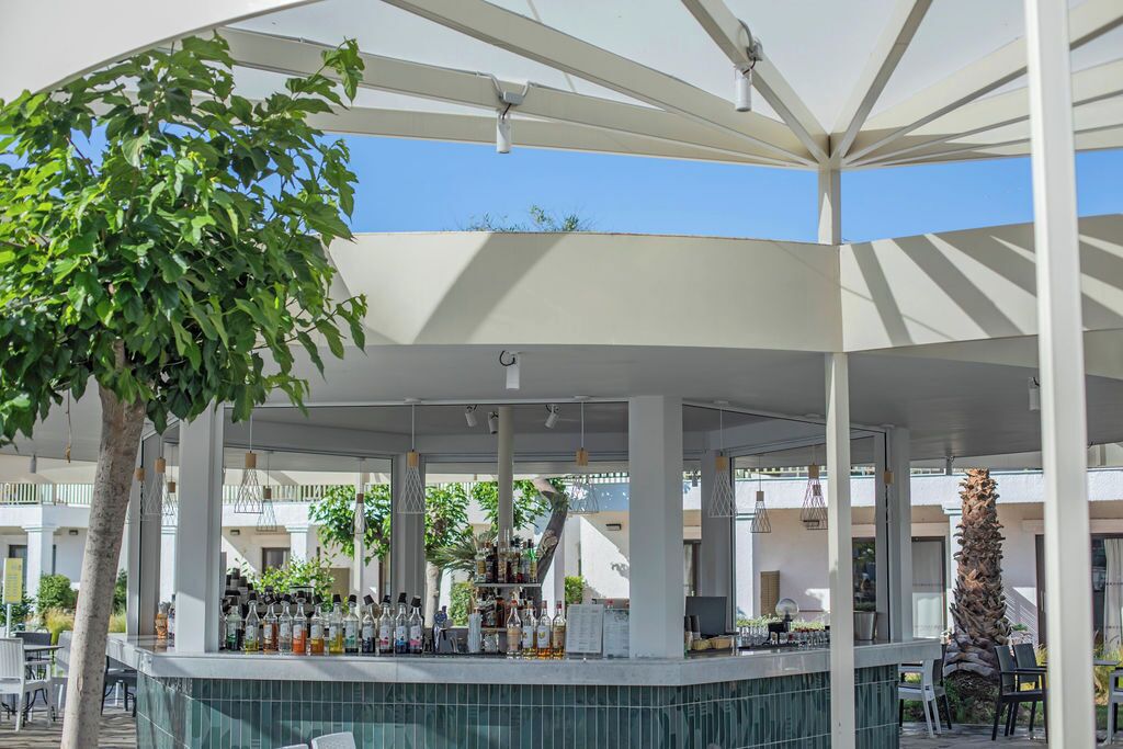 An outdoor bar area with a tiled floor, a counter with various bottles, and a palm tree.