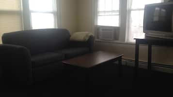 A living room with a dark-colored sofa, a small wooden coffee table, and a television on a stand. There are windows with blinds, an air conditioning unit, and a radiator on the wall.