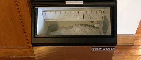 A Norpole ice maker with a glass front, located in a room with wooden flooring.