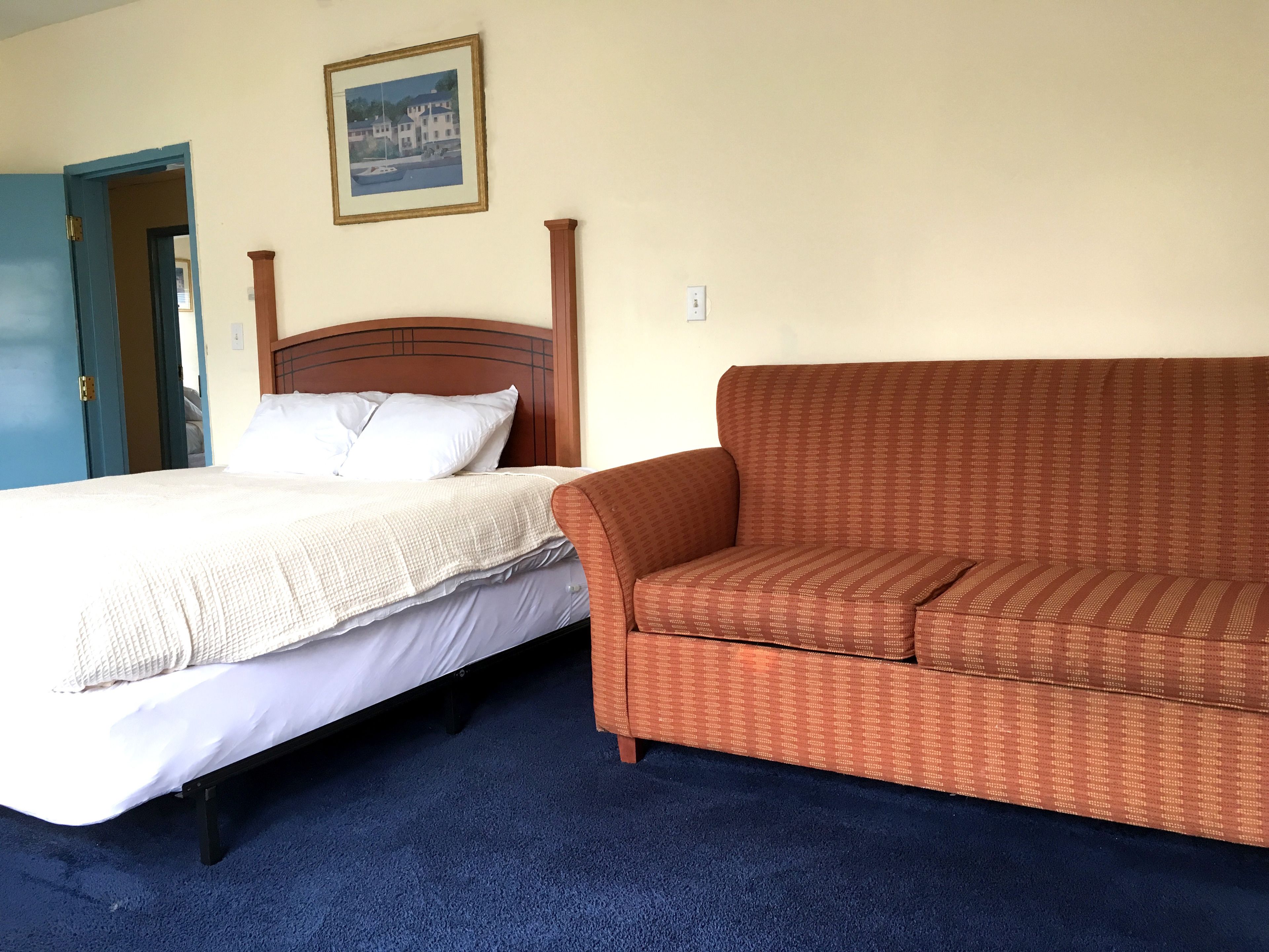 Habitación de hotel con una cama, un sofá marrón estampado, un cuadro en la pared y una alfombra azul.