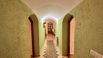 A hallway with green walls, a patterned tile floor, and a wooden door at the end.