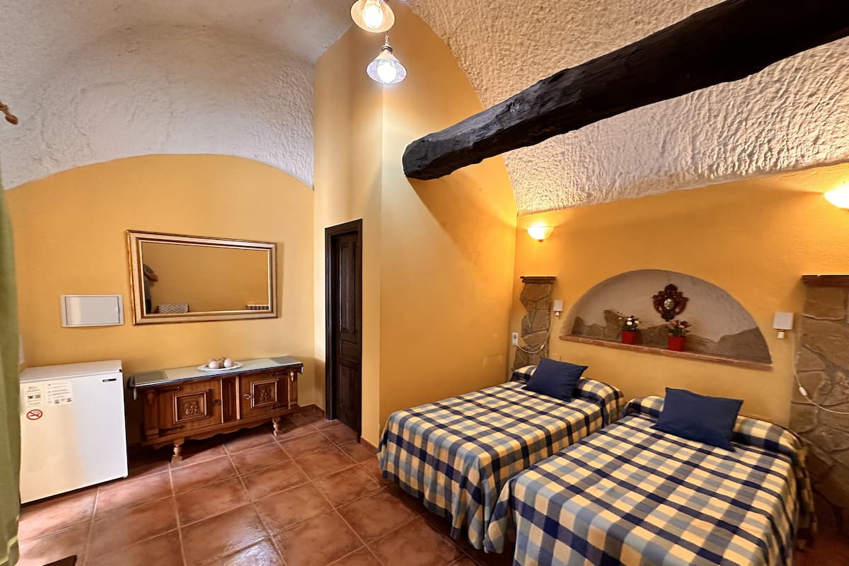 A room with two beds, a small kitchenette, a mirror, and a stone wall with a decorative shelf.