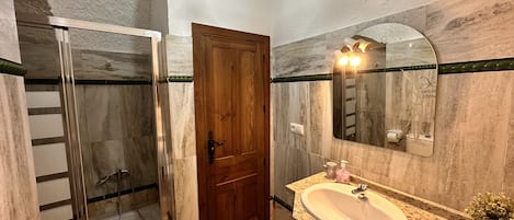Un baño con ducha, lavabo, espejo y puerta.