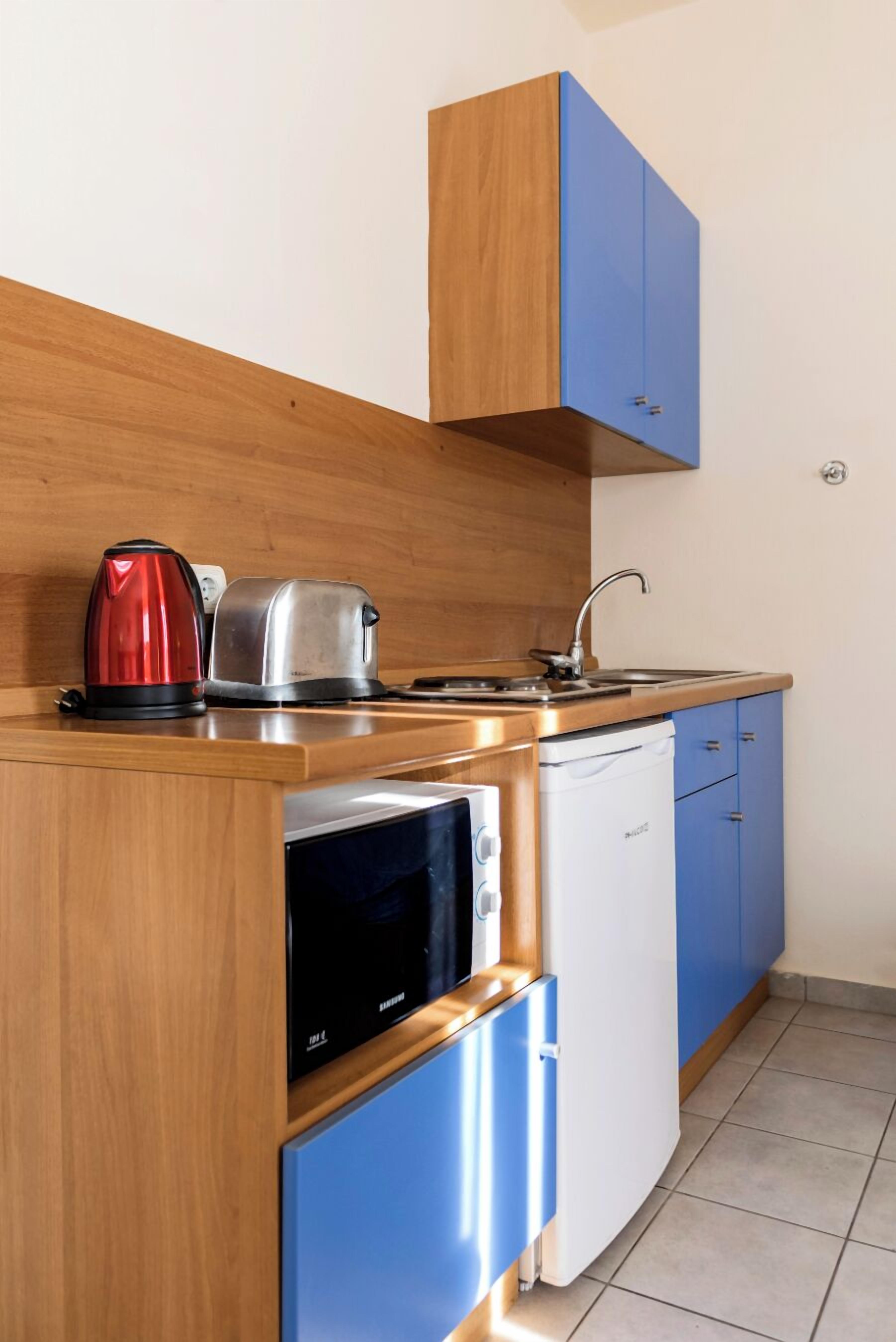 One Bedroom Apartment | Dapur pribadi | Lemari es, mesin pembuat kopi/teh, dan ketel listrik