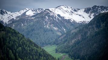 Un paysage montagneux avec des sommets enneigés, des vallées boisées et une route sinueuse.