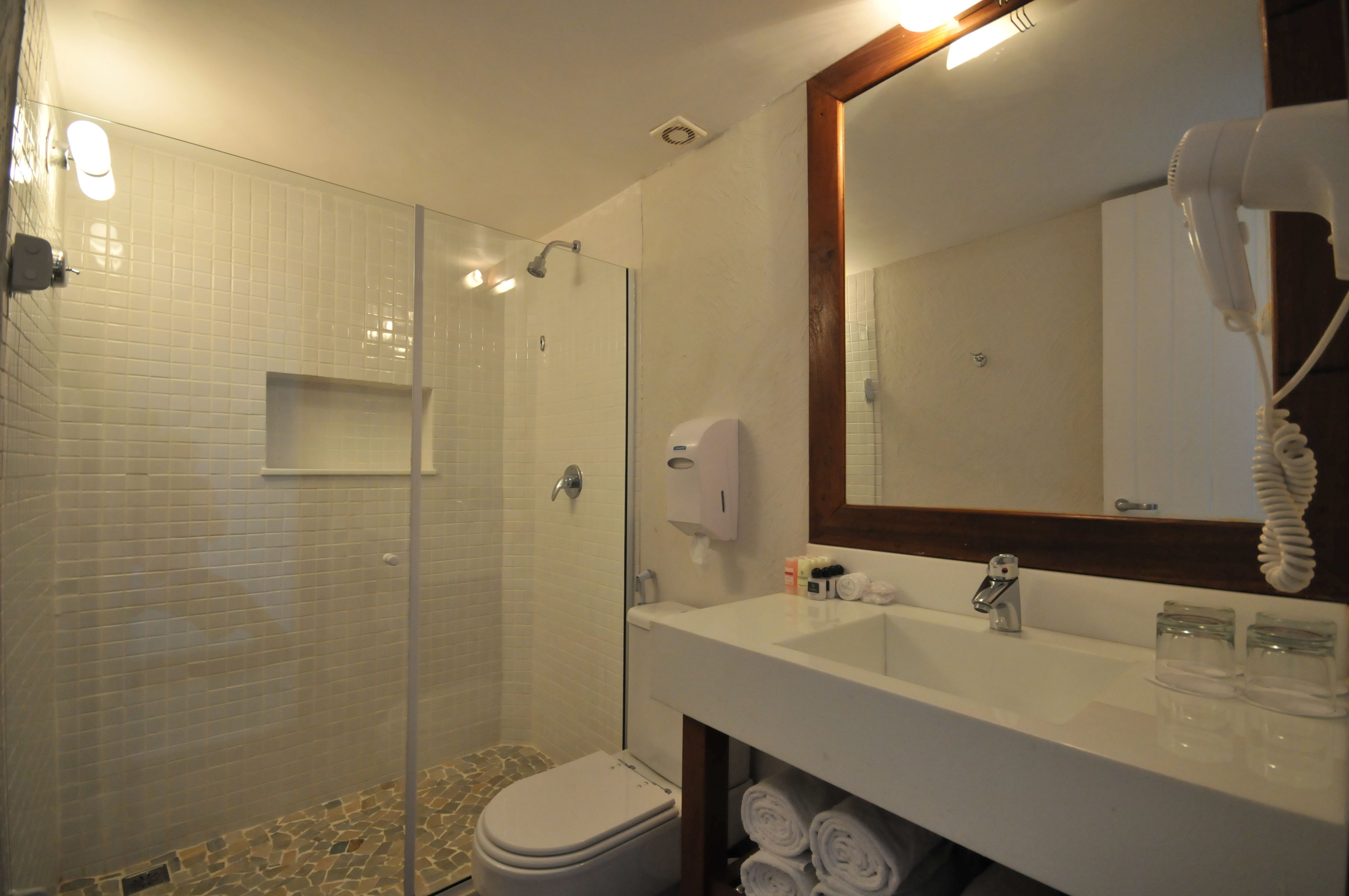 shower, hair dryer, bidet, towels