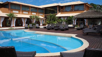 Outdoor pool, pool umbrellas, pool loungers