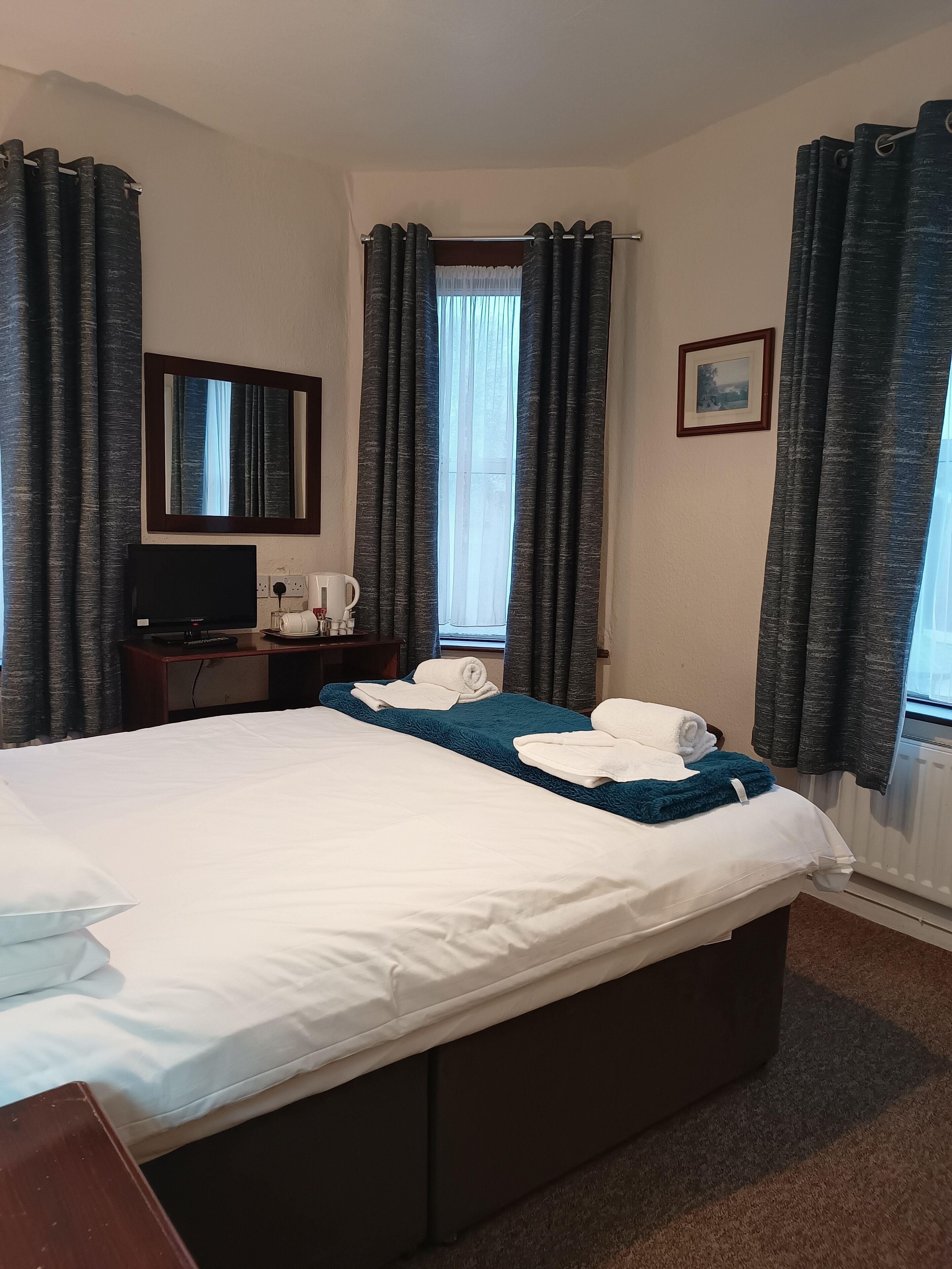 A hotel room with a large bed, a flat-screen TV, a coffee maker, and a framed picture on the wall.
