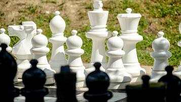 A chessboard with pieces in various positions, set outdoors on a grassy area.