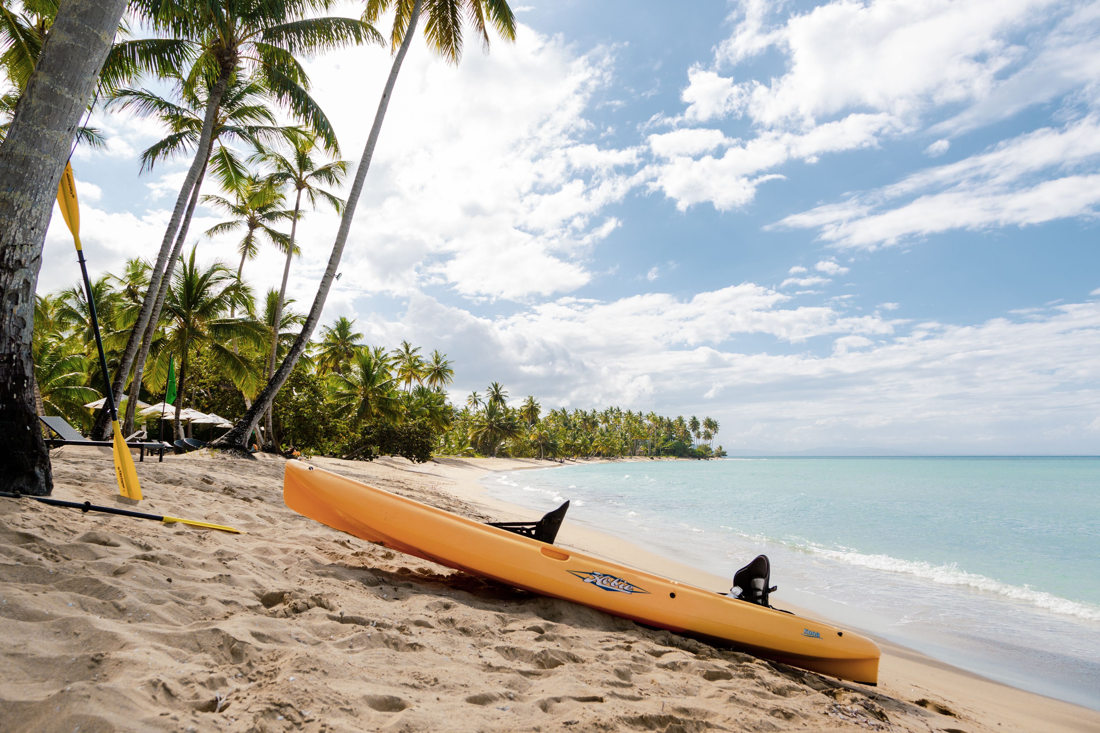 Una playa con un kayak amarillo, palmeras y cielo despejado.