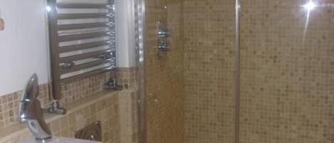 A bathroom with a toilet, sink, and shower area.