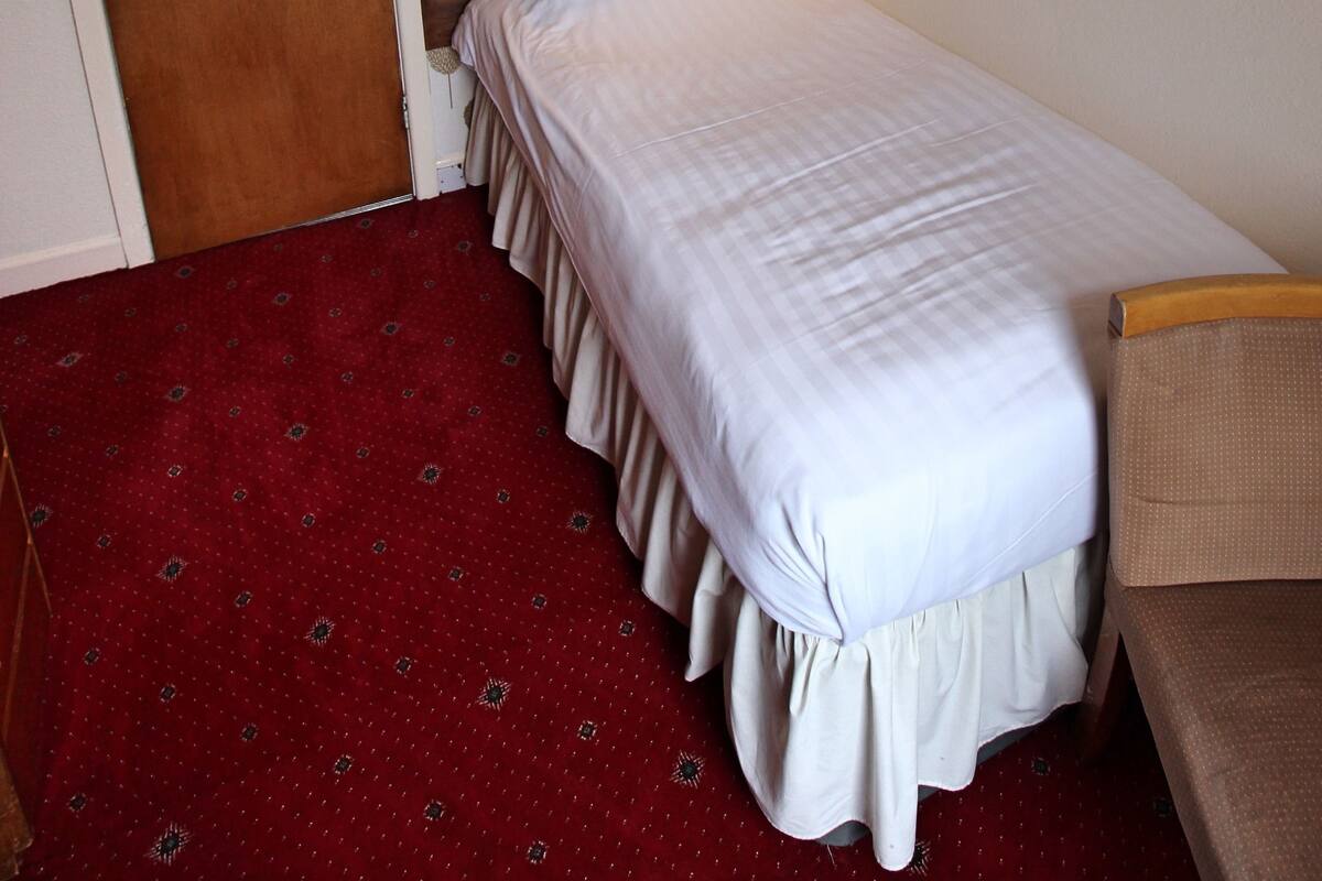 A single bed with a wooden headboard, a red patterned carpet, a door with a fire danger sign, and a wall-mounted light fixture.
