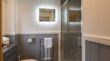 A modern bathroom with a glass shower enclosure, a built-in toilet, and a vanity with a glass top.