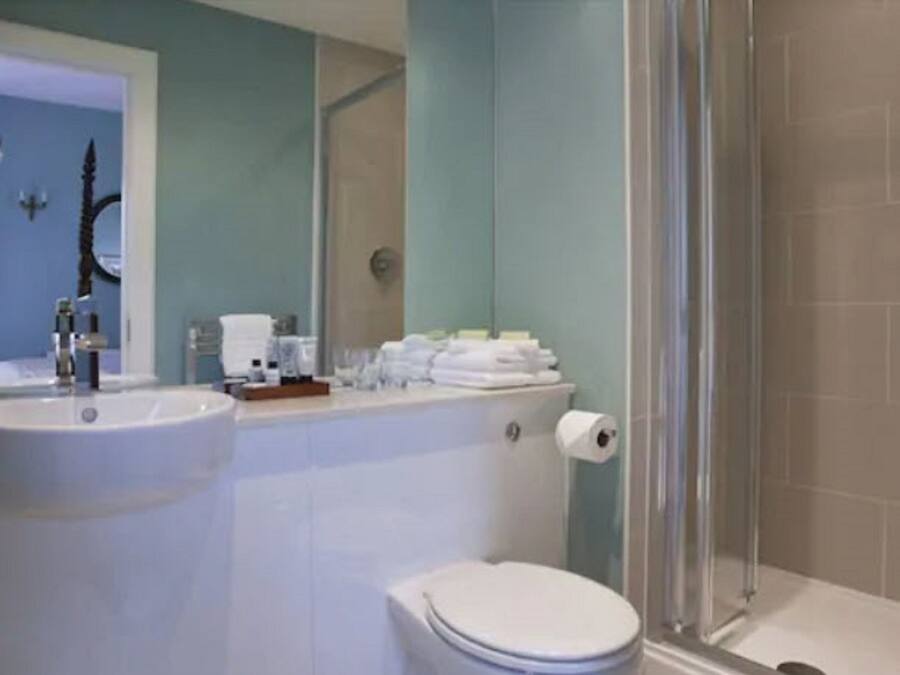 A bathroom with a sink, toilet, and shower.