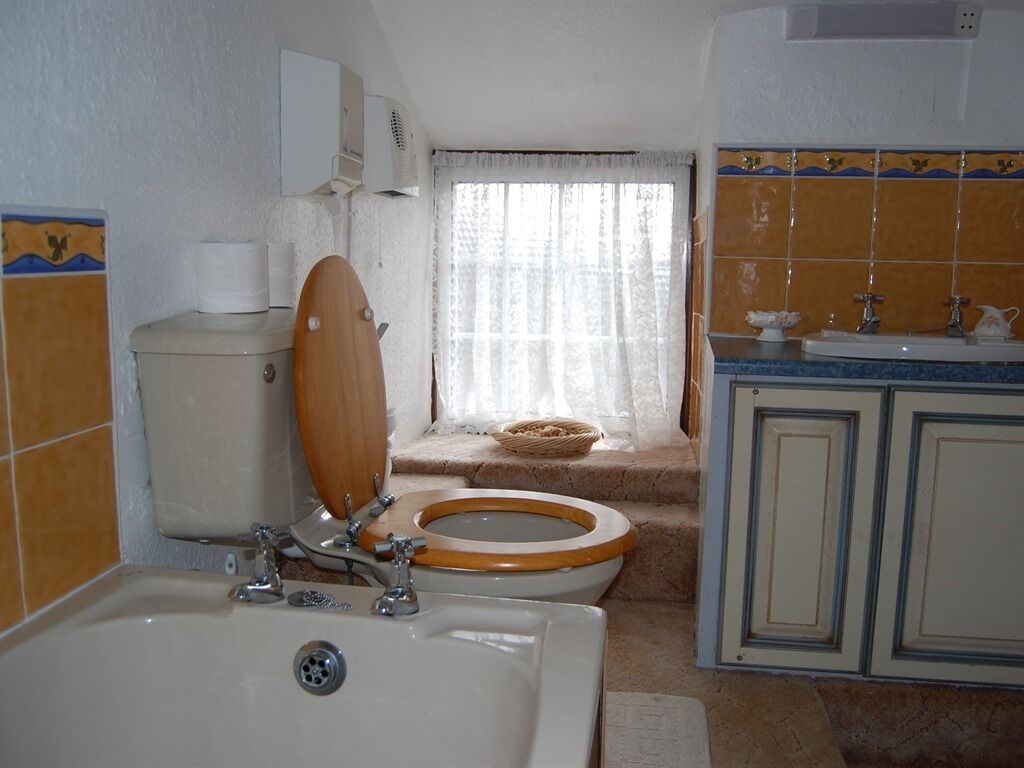 Une salle de bain avec des toilettes, un lavabo et une douche.