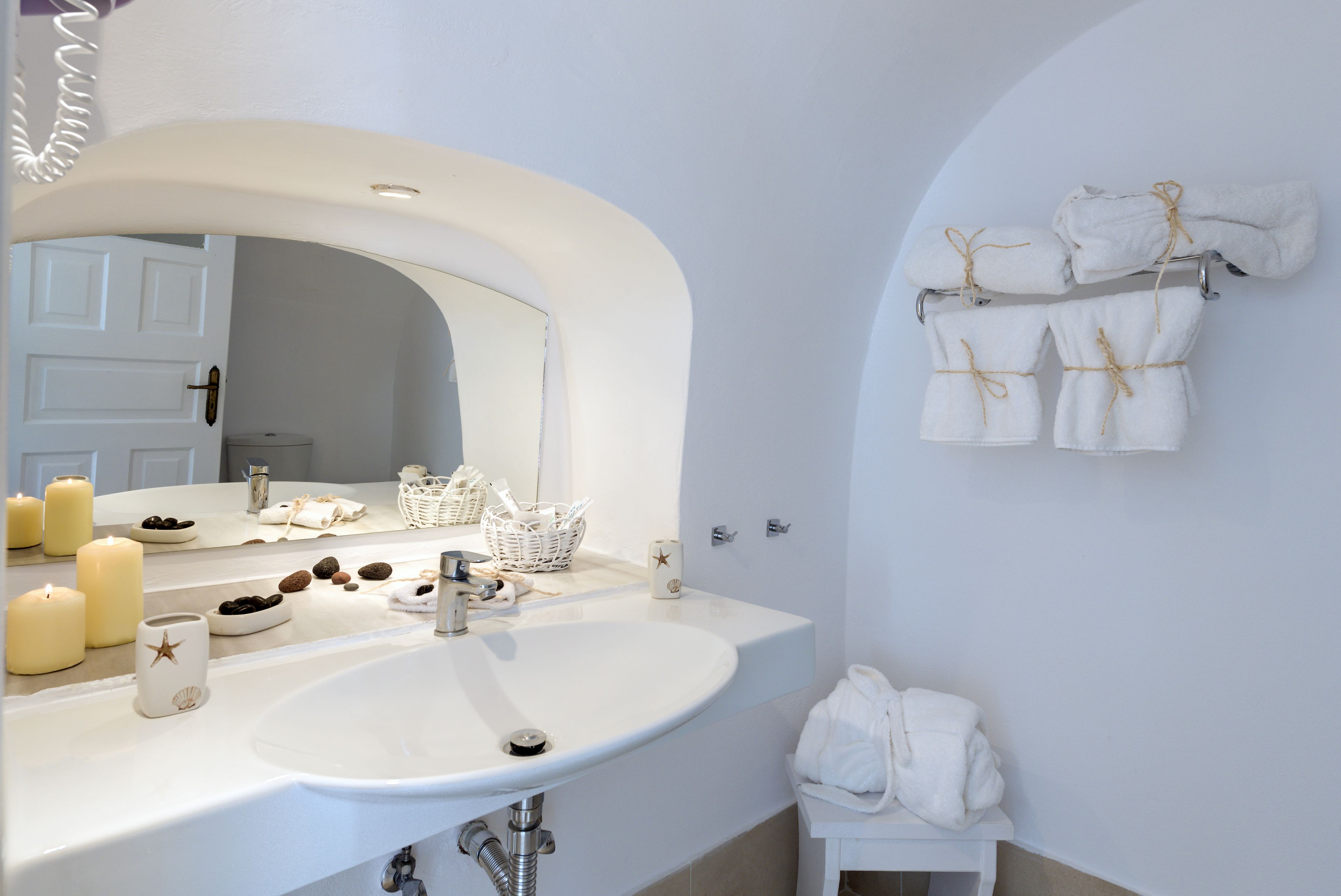 villa (thira) | bathroom | designer toiletries, hair dryer, bathrobes, slippers