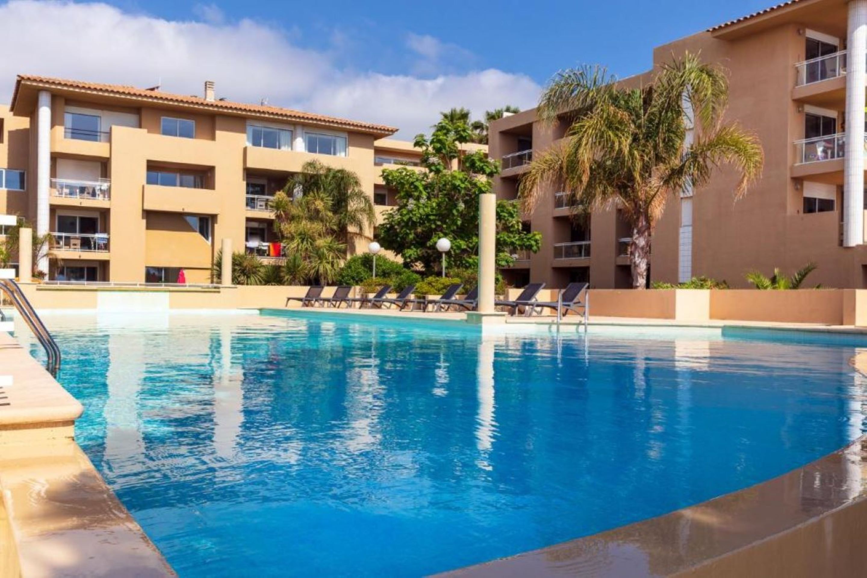 A swimming pool with lounge chairs, a palm tree, and a building with balconies.