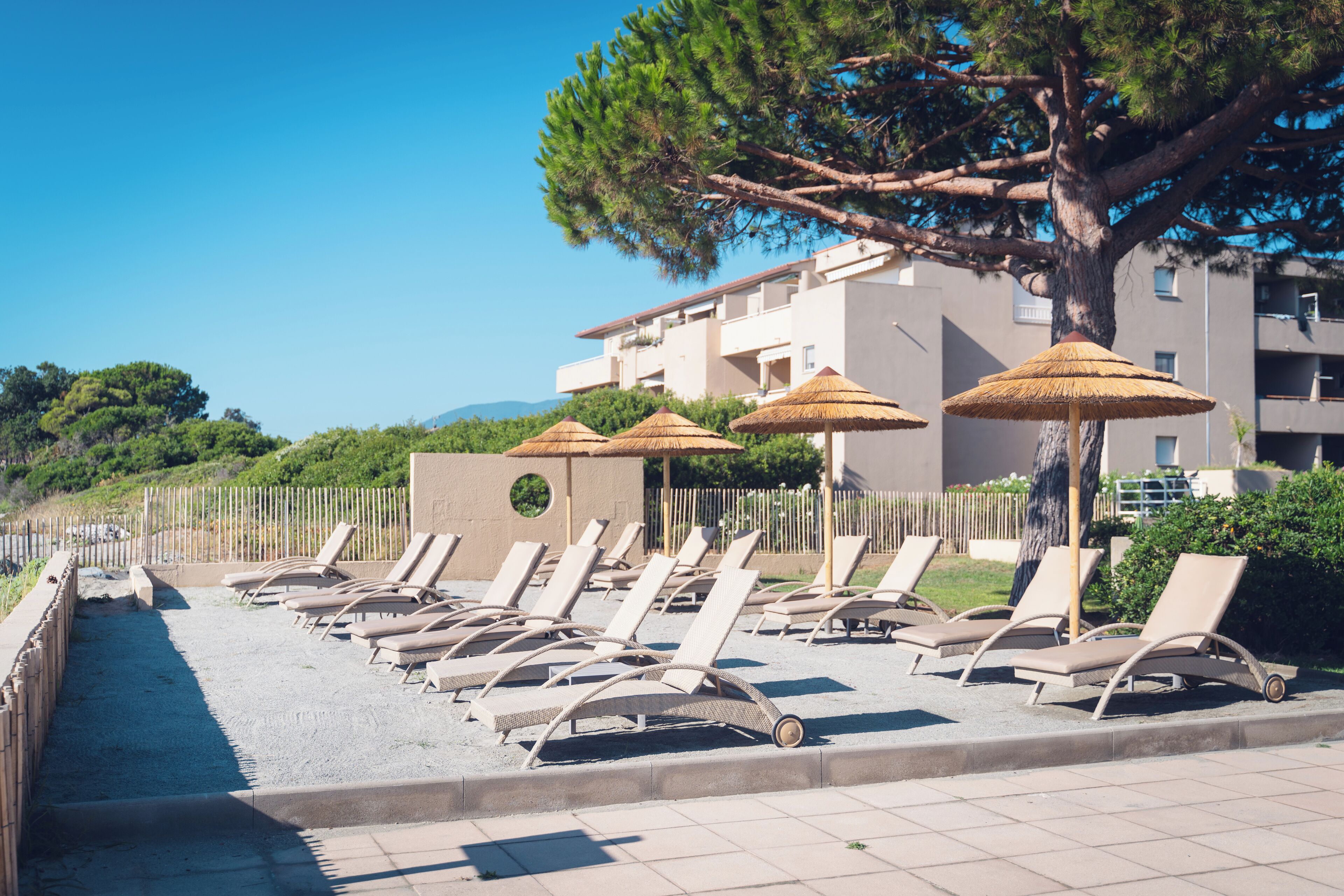 Un espace de détente aménagé au bord de la plage, avec des chaises longues et des parasols en chaume, un chemin bordé de sable et un bâtiment en arrière-plan.