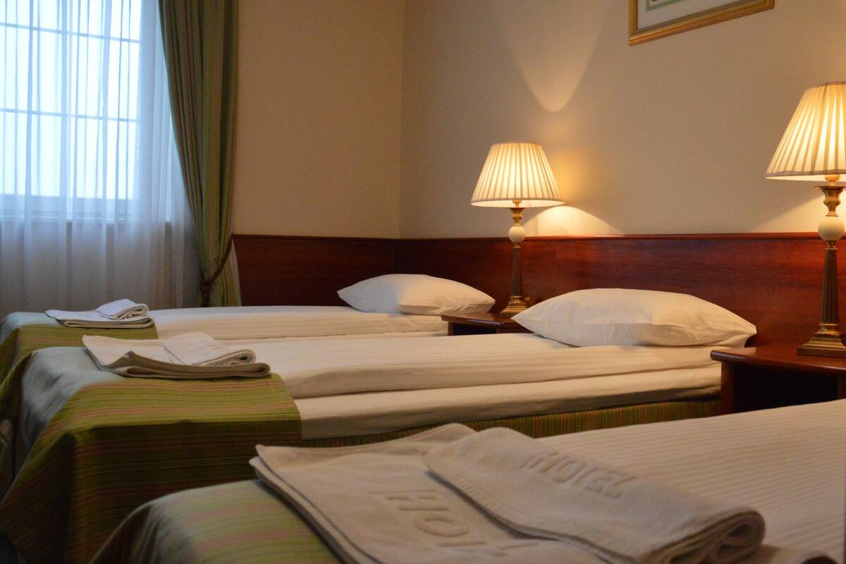 Habitación de hotel con dos camas, cada una con una almohada y una toalla enrollada. Hay dos lámparas de noche y un cuadro en la pared.
