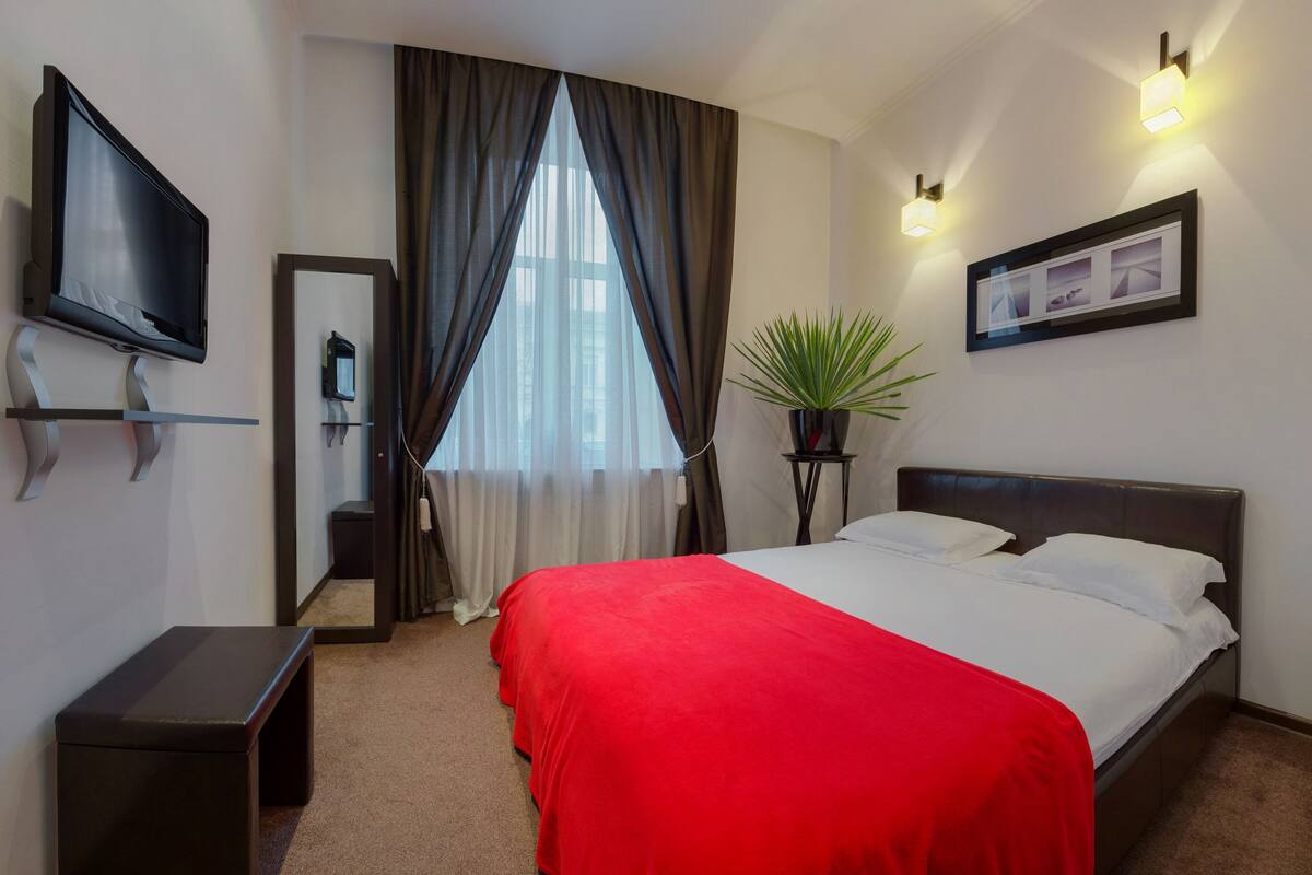 A hotel room with a bed, a TV, a potted plant, and a window with curtains.
