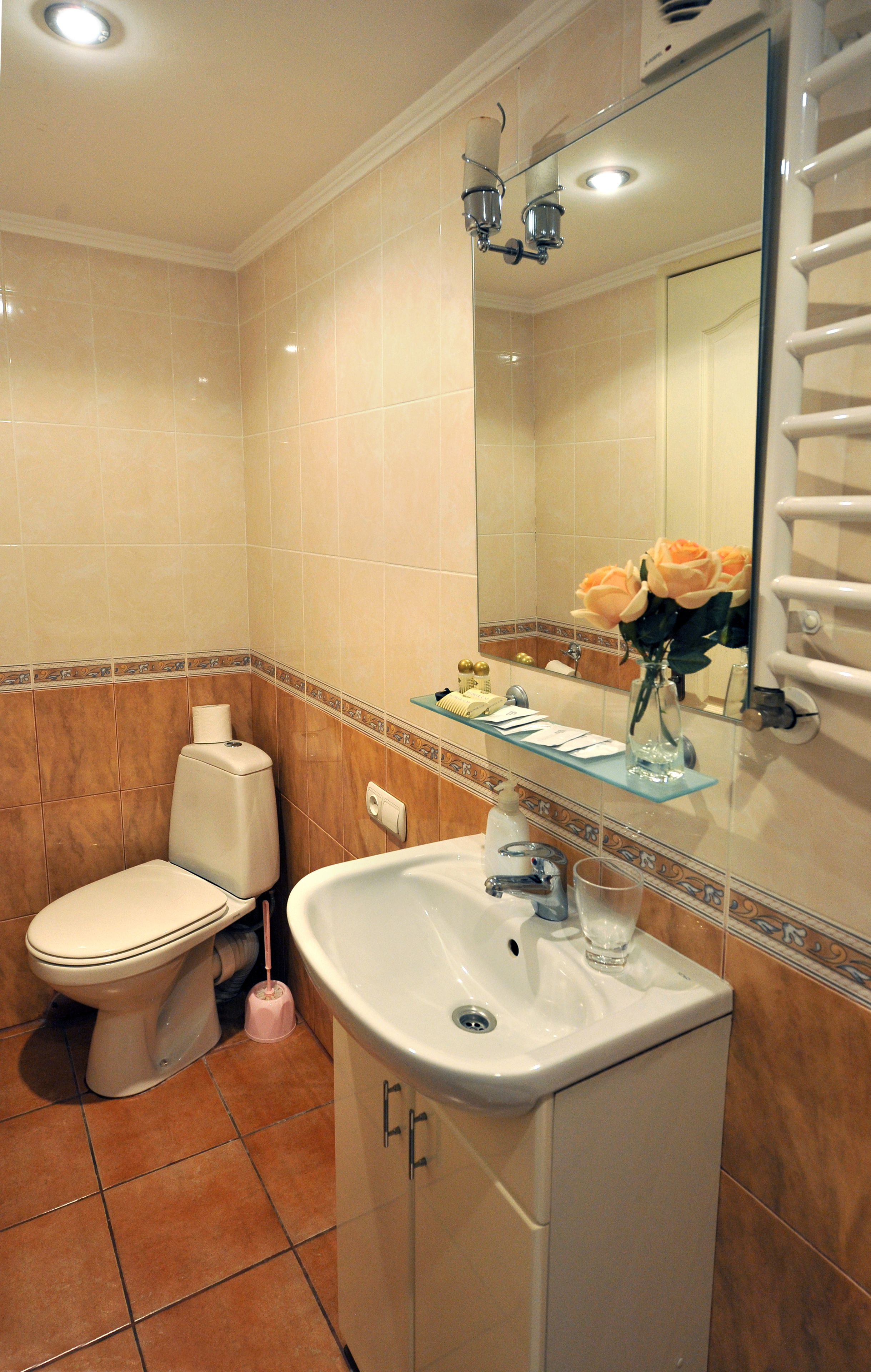 Ein Badezimmer mit Toilette, Waschbecken und Spiegel.